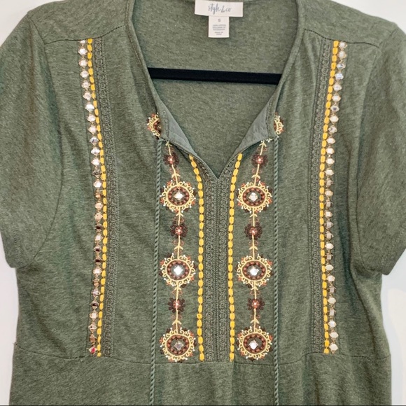 STYLE & CO. Olive Green Embroidered Peasant Blouse - Picture 5 of 9